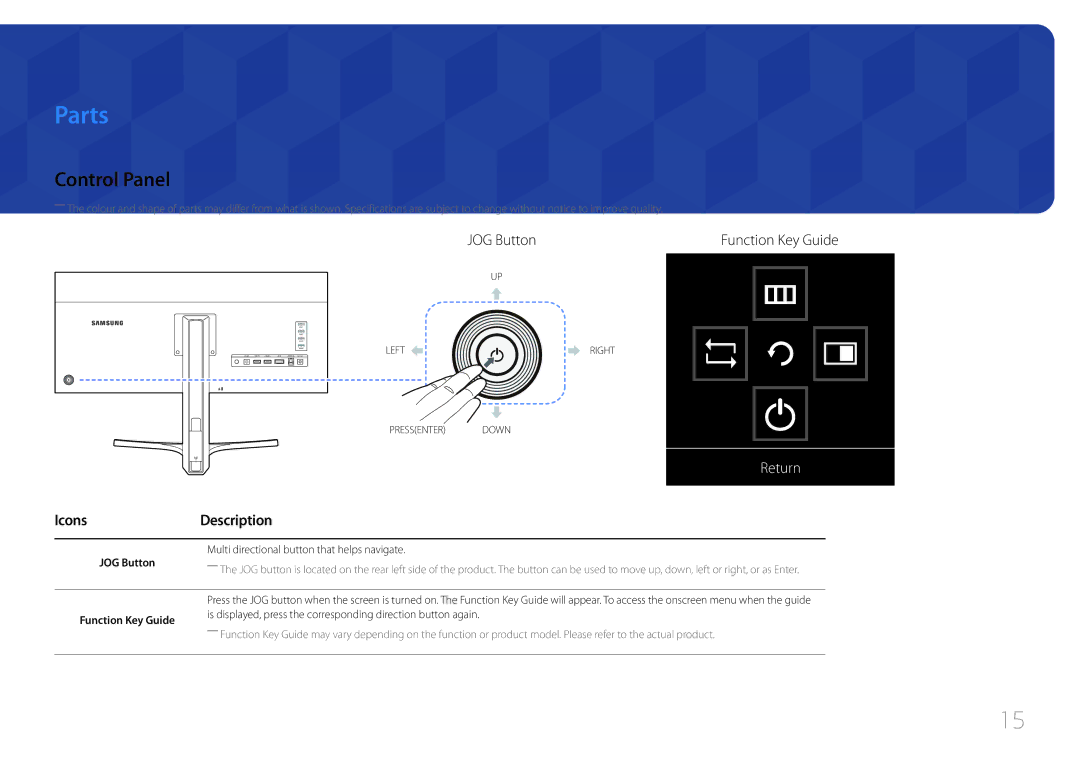 Samsung LS34E790CNS/CH Parts, Control Panel, JOG Button, Multi directional button that helps navigate, Function Key Guide 