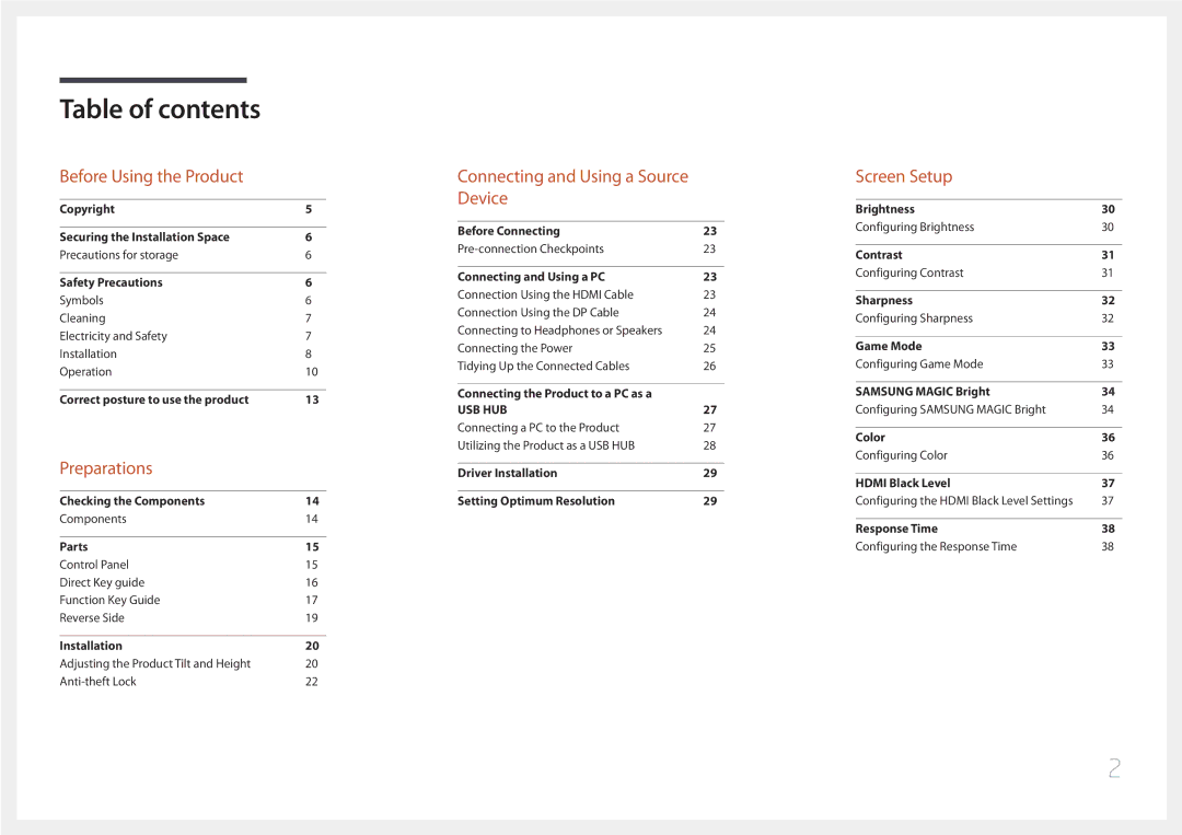 Samsung LS34E790CNS/EN, LS34E790CNS/CH manual Table of contents 