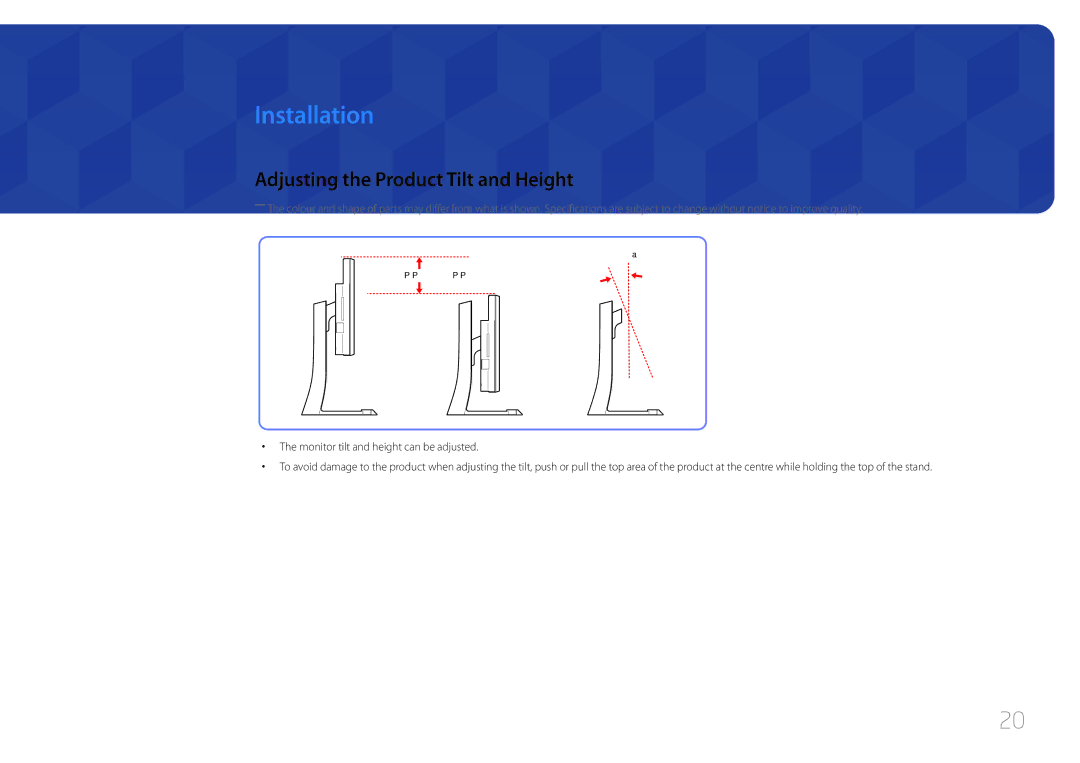 Samsung LS34E790CNS/EN, LS34E790CNS/CH manual Installation, Adjusting the Product Tilt and Height 