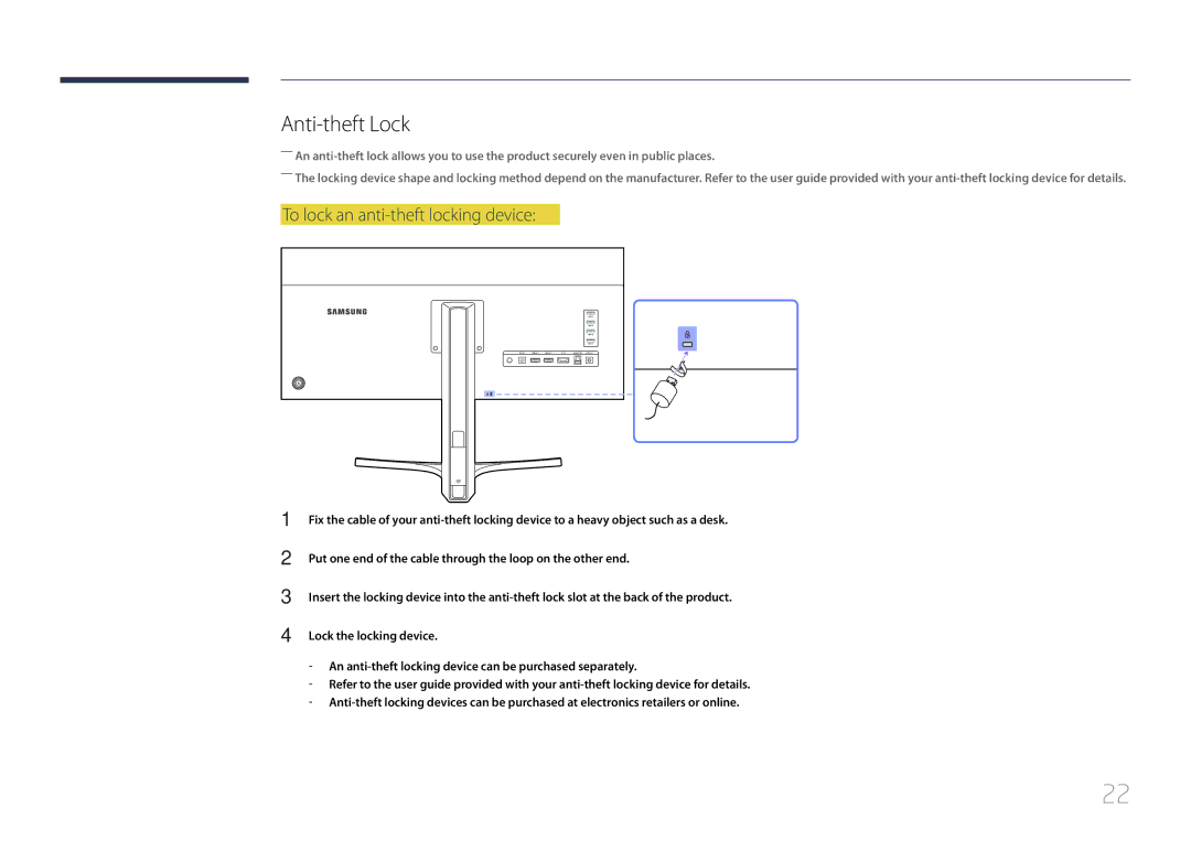 Samsung LS34E790CNS/EN, LS34E790CNS/CH manual Anti-theft Lock, To lock an anti-theft locking device 