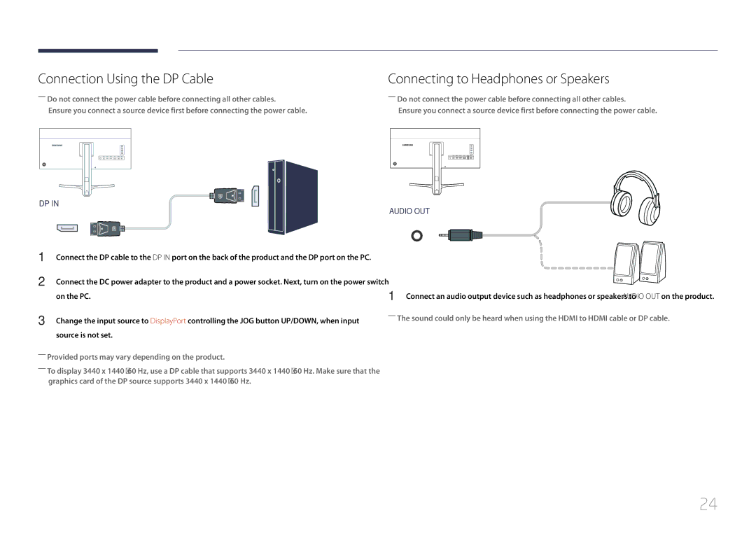 Samsung LS34E790CNS/EN Connection Using the DP Cable, Connecting to Headphones or Speakers, On the PC, Source is not set 