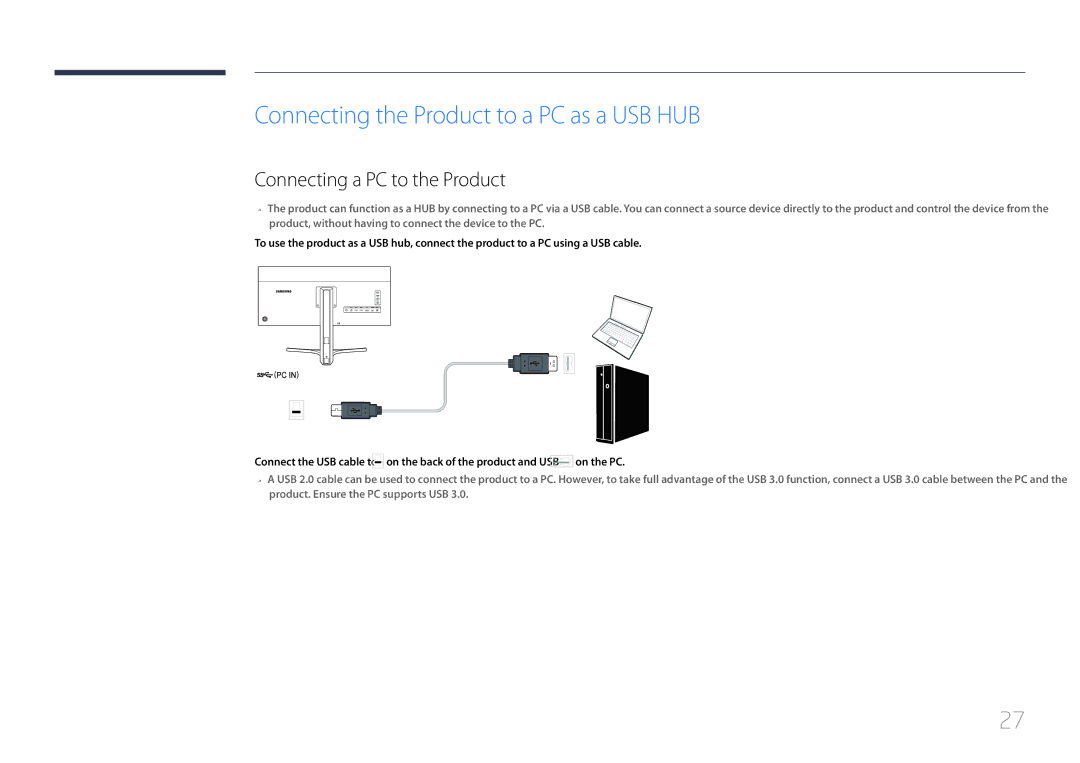 Samsung LS34E790CNS/CH, LS34E790CNS/EN manual Connecting the Product to a PC as a USB HUB, Connecting a PC to the Product 