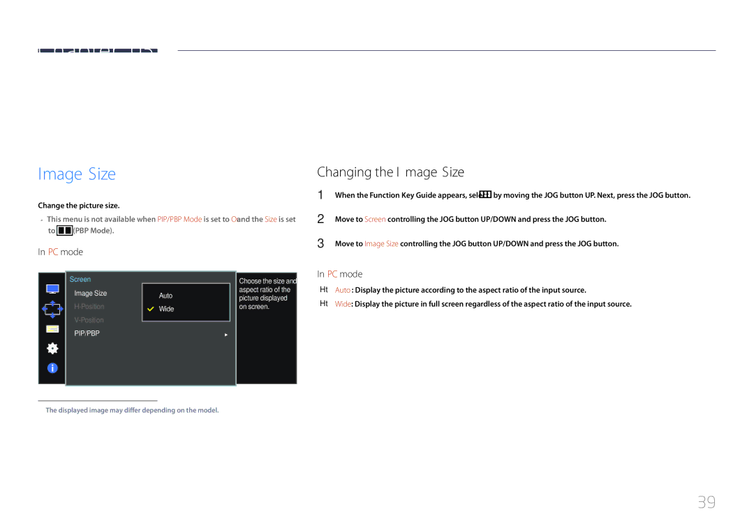 Samsung LS34E790CNS/CH, LS34E790CNS/EN manual Screen Adjustment, Changing the Image Size, Change the picture size 