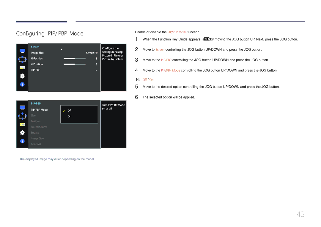 Samsung LS34E790CNS/CH, LS34E790CNS/EN manual Enable or disable the PIP/PBP Mode function, Off / On 