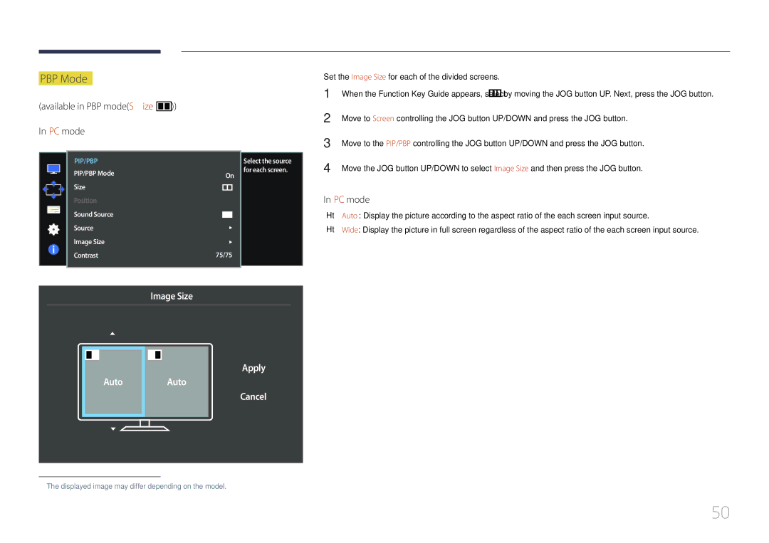 Samsung LS34E790CNS/EN manual Available in PBP modeSize PC mode, Set the Image Size for each of the divided screens 