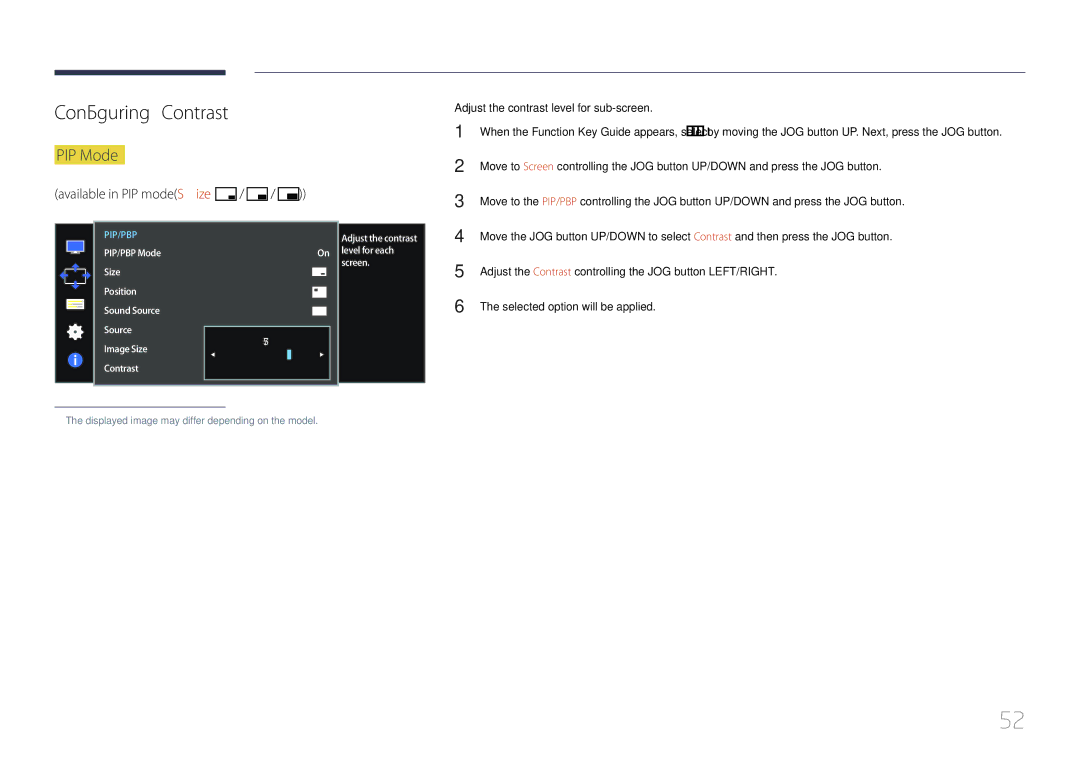 Samsung LS34E790CNS/EN, LS34E790CNS/CH manual Configuring Contrast, Adjust the contrast level for sub-screen 