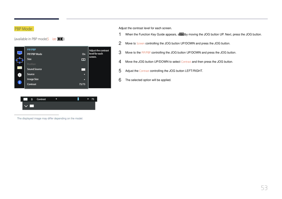 Samsung LS34E790CNS/CH, LS34E790CNS/EN manual Available in PBP modeSize, Adjust the contrast level for each screen 