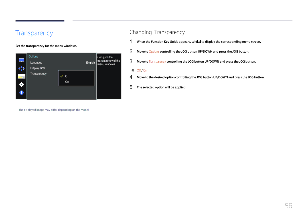 Samsung LS34E790CNS/EN, LS34E790CNS/CH manual Changing Transparency, Set the transparency for the menu windows 