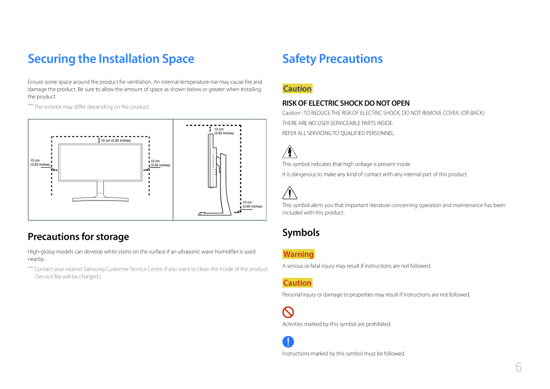 Samsung LS34E790CNS/EN manual Securing the Installation Space, Safety Precautions, Precautions for storage, Symbols 