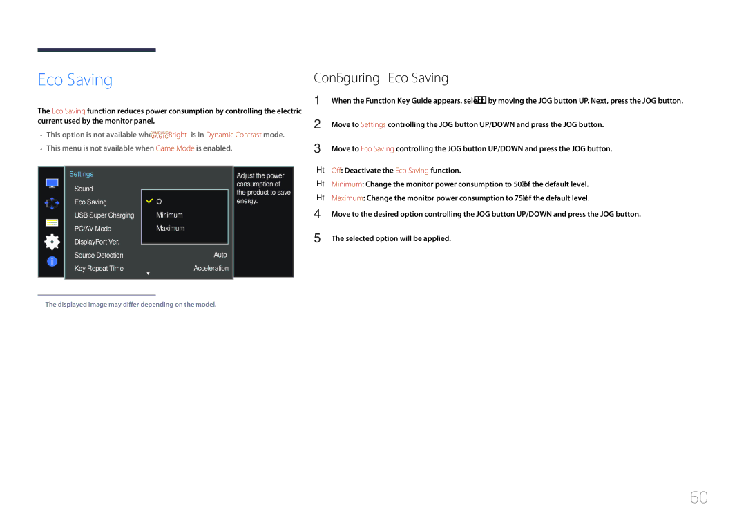 Samsung LS34E790CNS/EN, LS34E790CNS/CH manual Configuring Eco Saving 