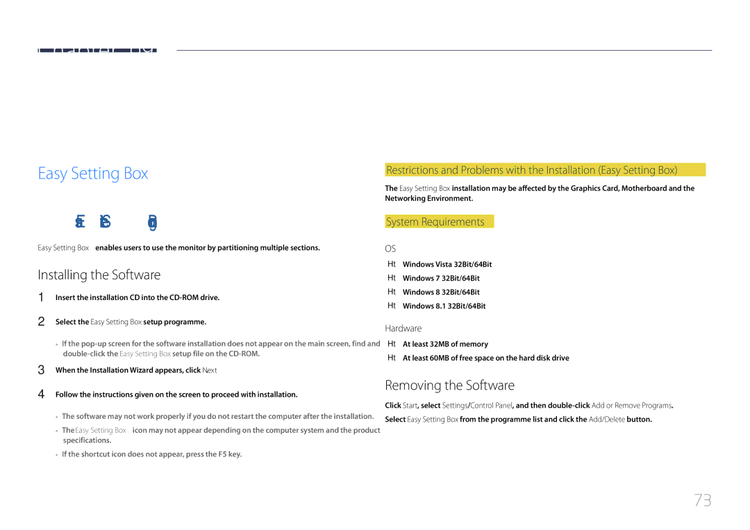 Samsung LS34E790CNS/CH, LS34E790CNS/EN manual Installing the Software, Easy Setting Box, Removing the Software 