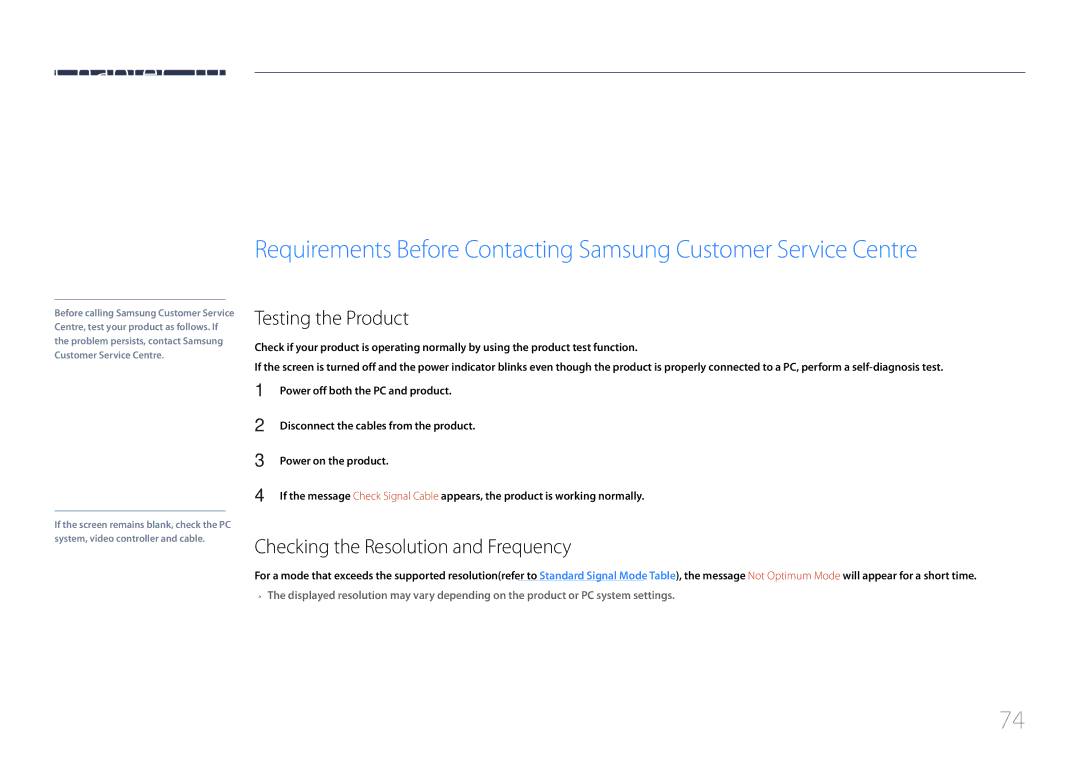 Samsung LS34E790CNS/EN, LS34E790CNS/CH Troubleshooting Guide, Testing the Product, Checking the Resolution and Frequency 