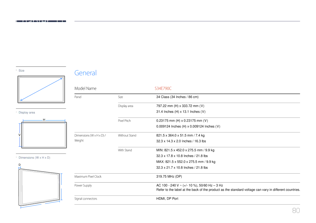 Samsung LS34E790CNS/EN, LS34E790CNS/CH manual Specifications, General 