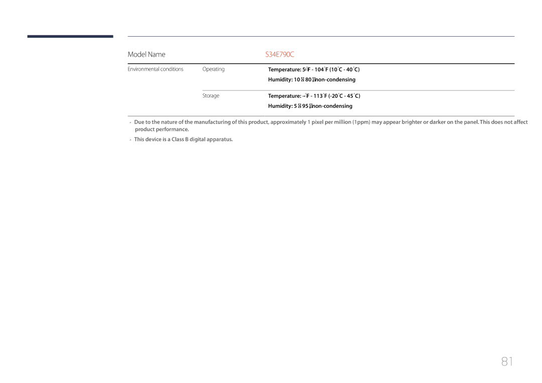 Samsung LS34E790CNS/CH, LS34E790CNS/EN manual Environmental conditions Operating, Storage 