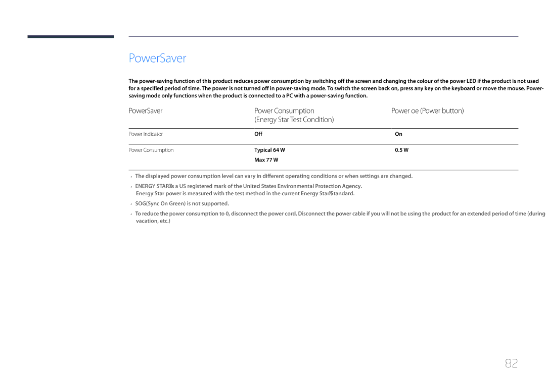 Samsung LS34E790CNS/EN, LS34E790CNS/CH manual PowerSaver, Power Indicator, Off, Power Consumption, Typical 64 W Max 77 W 
