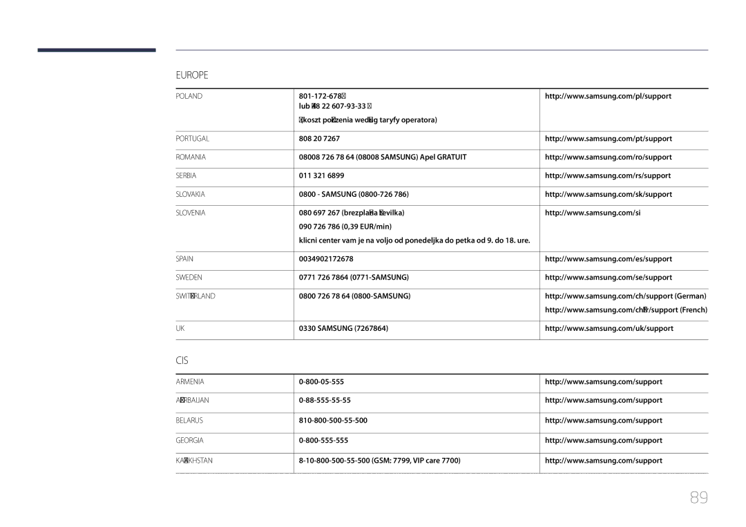 Samsung LS34E790CNS/CH Lub +48 22 Koszt połączenia według taryfy operatora, 08008 726 78 64 08008 Samsung Apel Gratuit 