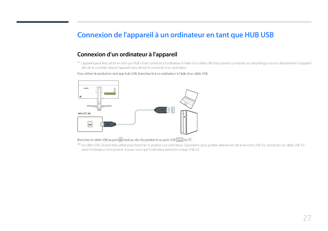 Samsung LS34E790CNS/EN Connexion de lappareil à un ordinateur en tant que HUB USB, Connexion dun ordinateur à lappareil 