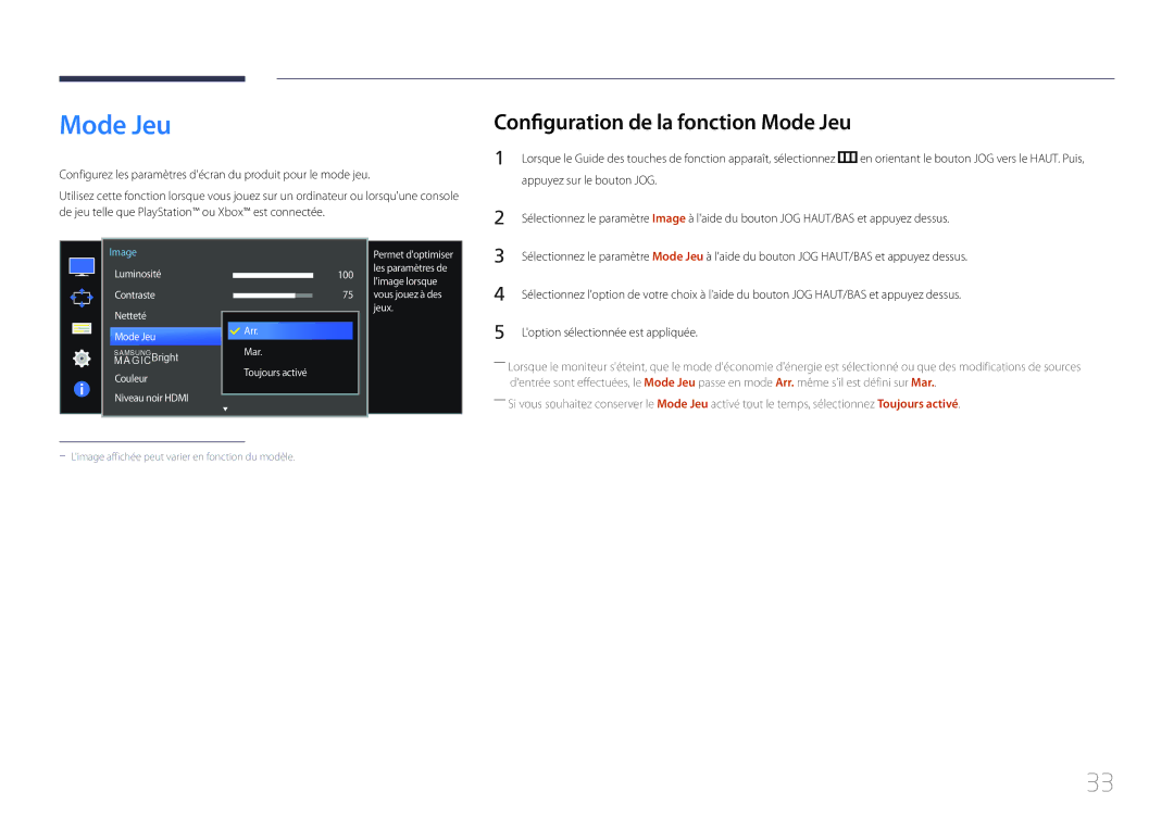 Samsung LS34E790CNS/EN manual Configuration de la fonction Mode Jeu 