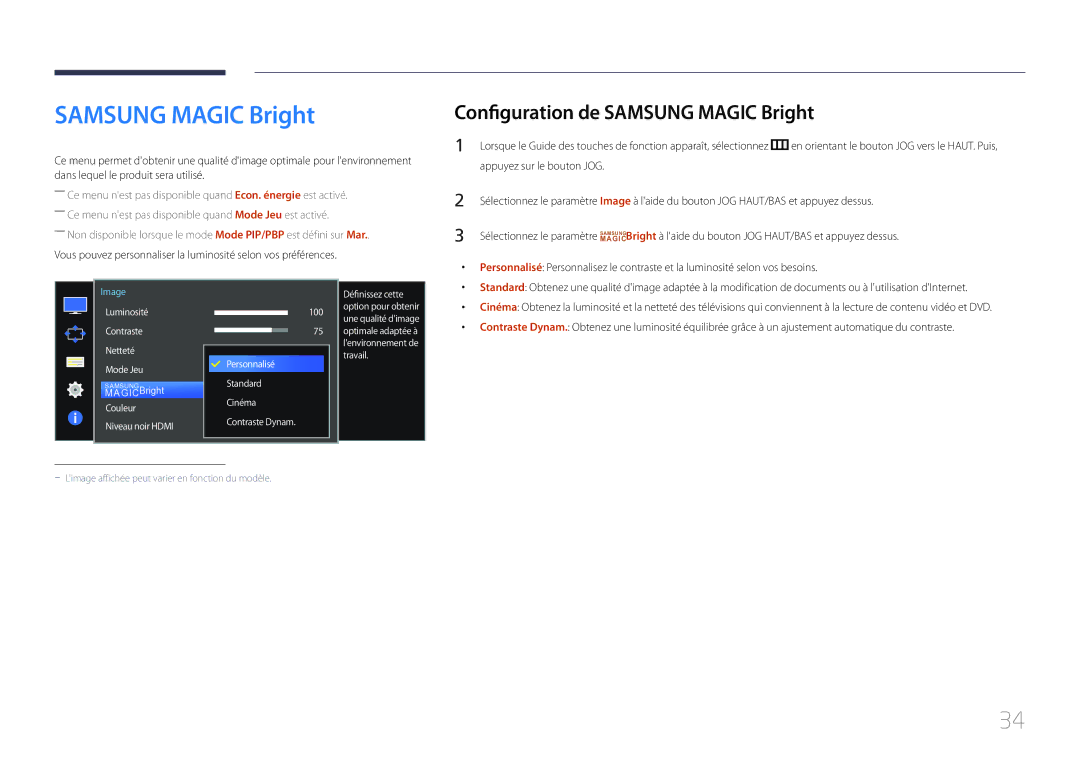 Samsung LS34E790CNS/EN manual Configuration de Samsung Magic Bright 