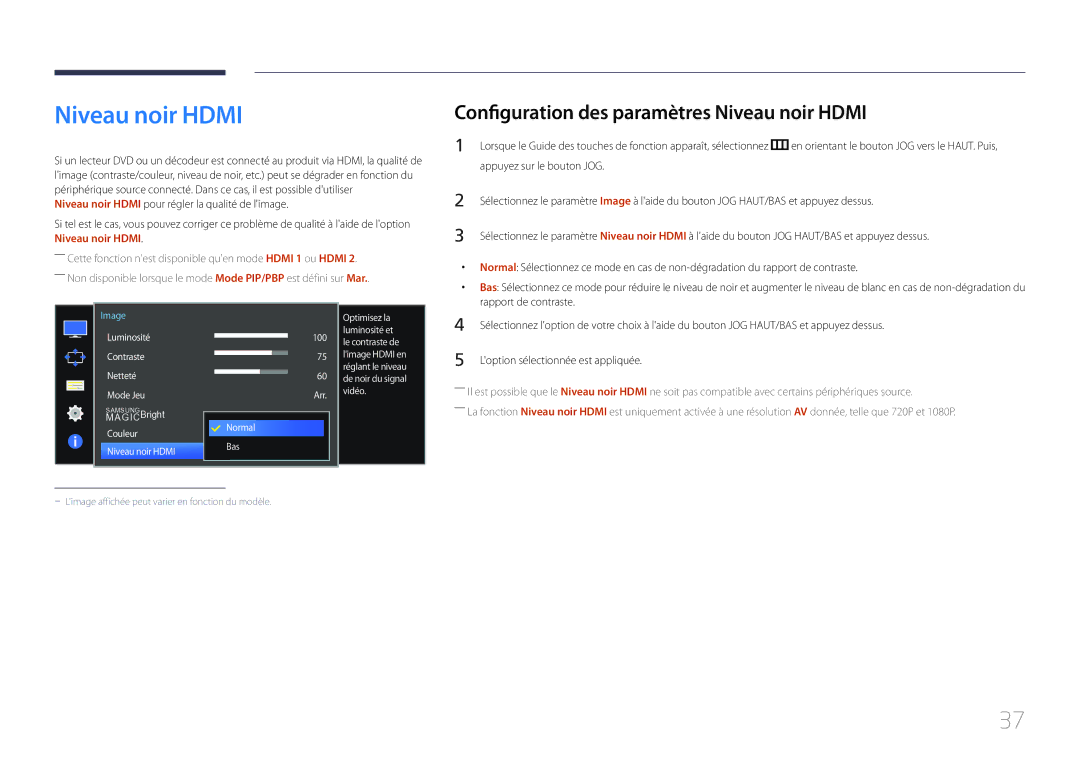 Samsung LS34E790CNS/EN manual Configuration des paramètres Niveau noir Hdmi 