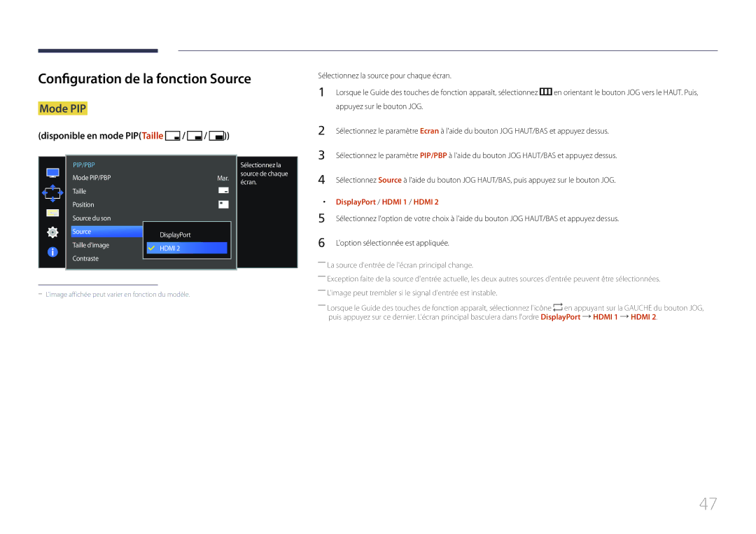 Samsung LS34E790CNS/EN manual Configuration de la fonction Source, DisplayPort / Hdmi 1 / Hdmi 