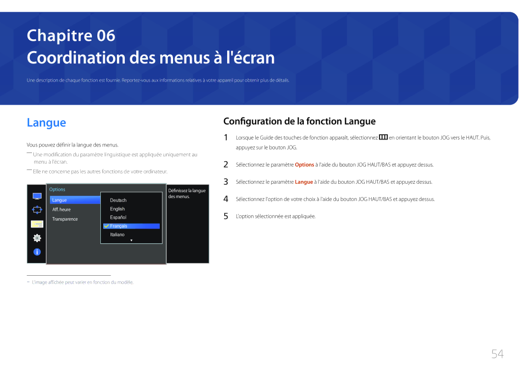 Samsung LS34E790CNS/EN manual Coordination des menus à lécran, Configuration de la fonction Langue 