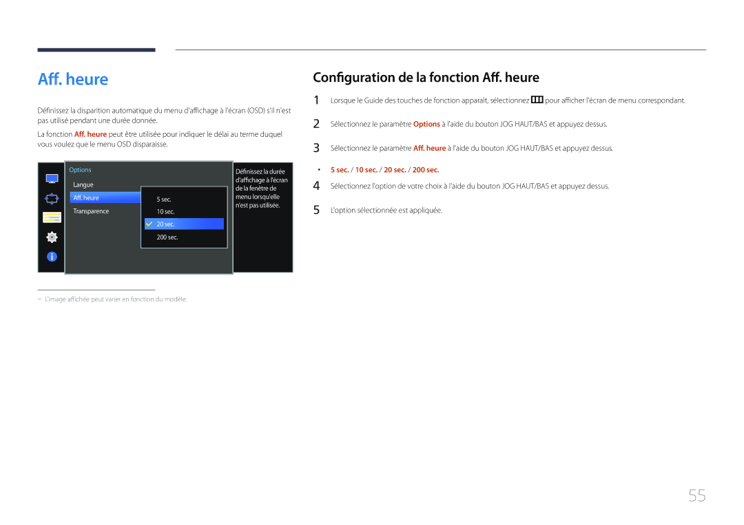 Samsung LS34E790CNS/EN manual Configuration de la fonction Aff. heure, Sec. / 10 sec. / 20 sec. / 200 sec 