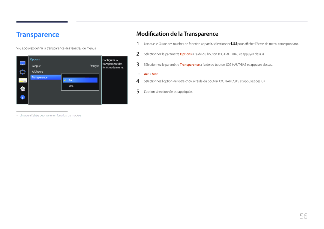 Samsung LS34E790CNS/EN Modification de la Transparence, Vous pouvez définir la transparence des fenêtres de menus 