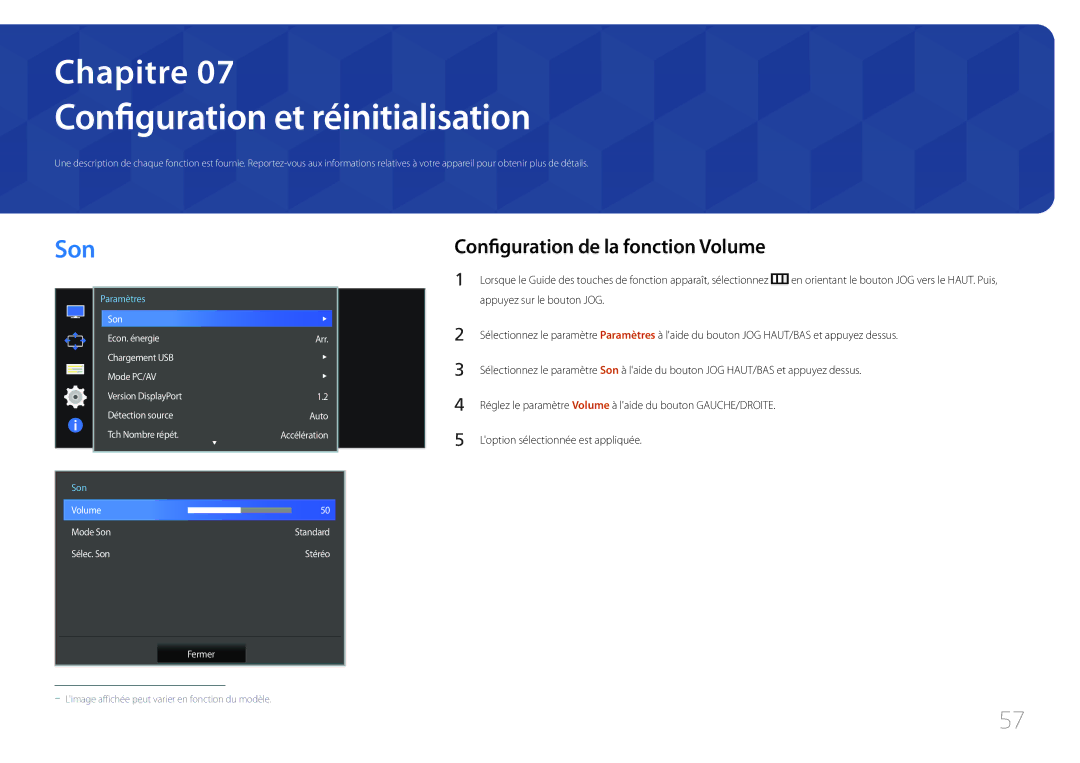 Samsung LS34E790CNS/EN manual Configuration et réinitialisation, Son, Configuration de la fonction Volume 