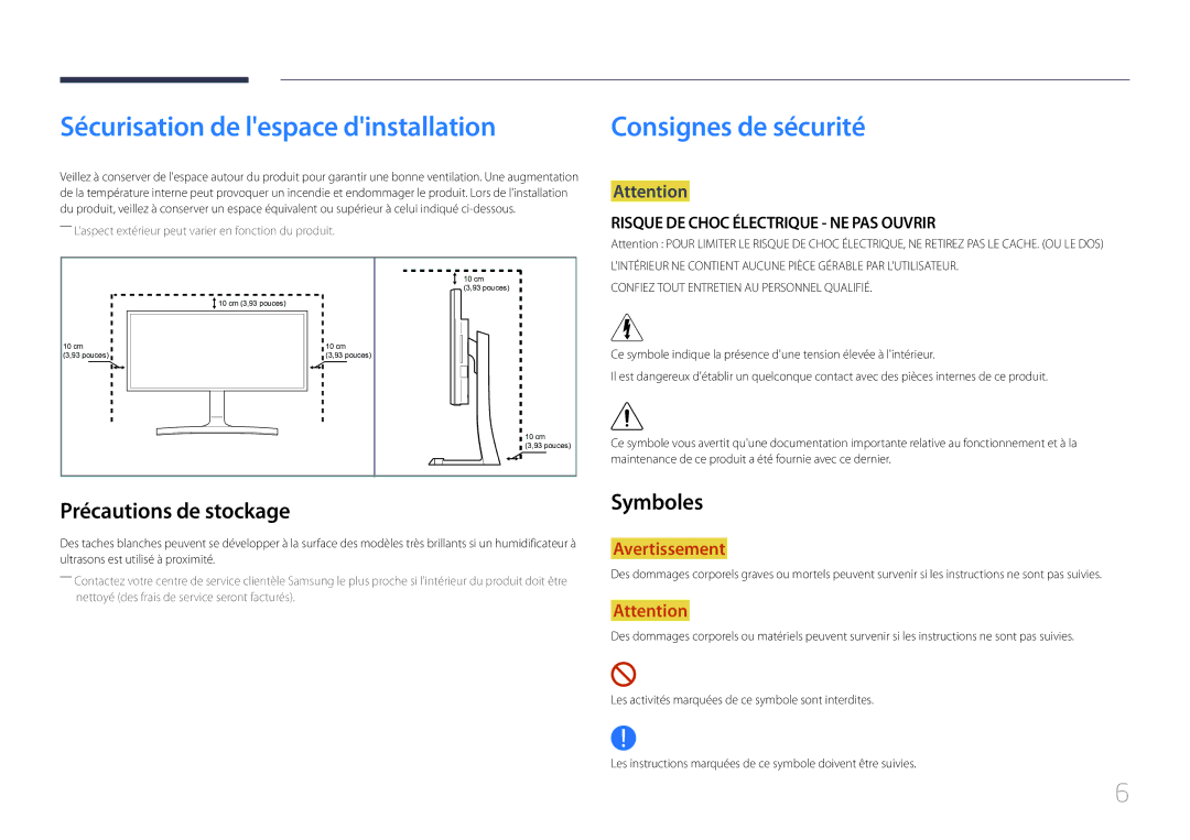 Samsung LS34E790CNS/EN Sécurisation de lespace dinstallation, Consignes de sécurité, Précautions de stockage, Symboles 