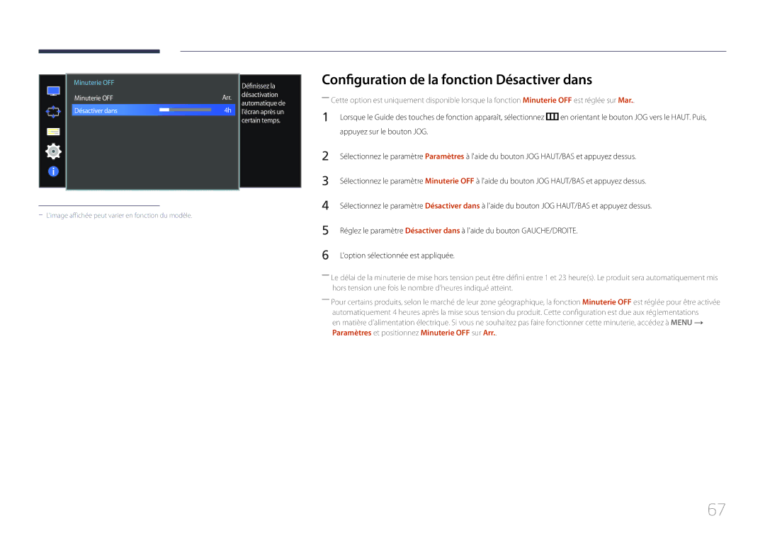 Samsung LS34E790CNS/EN manual Configuration de la fonction Désactiver dans 