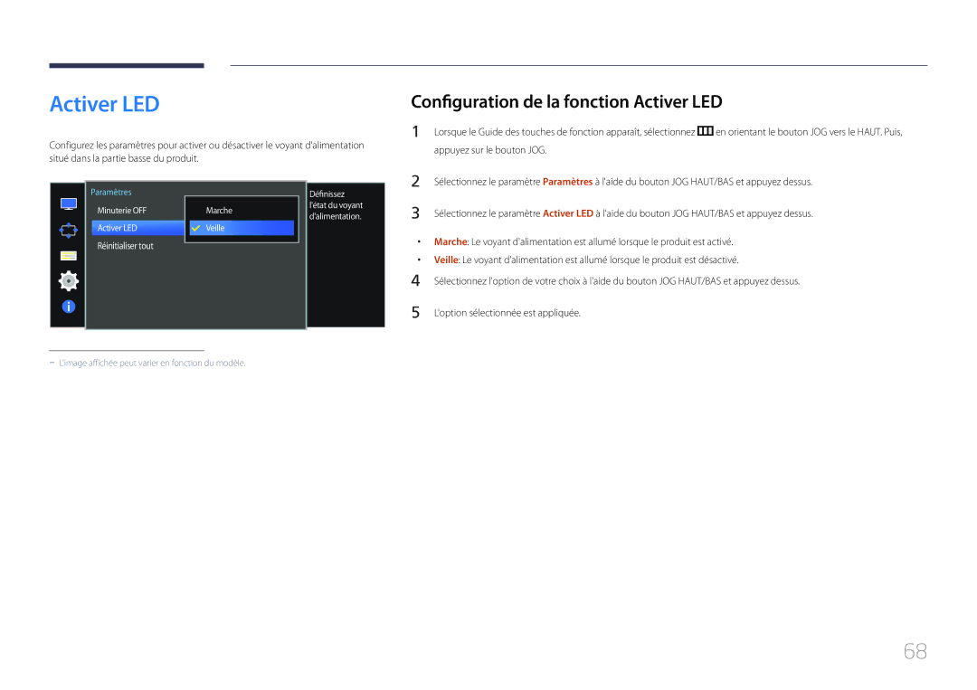 Samsung LS34E790CNS/EN manual Configuration de la fonction Activer LED 