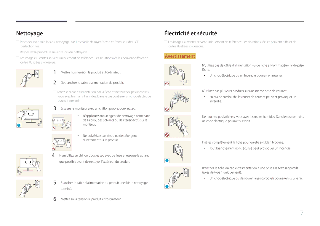 Samsung LS34E790CNS/EN manual Nettoyage, Électricité et sécurité 