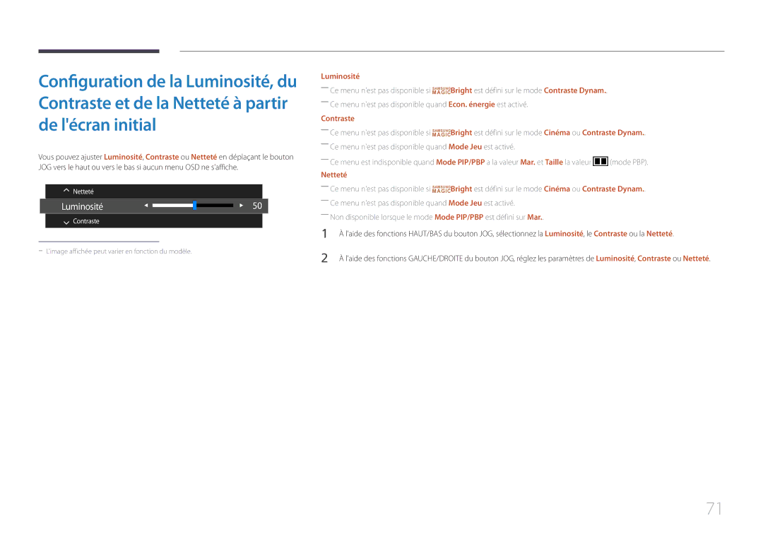 Samsung LS34E790CNS/EN manual Luminosité, Contraste, Netteté 
