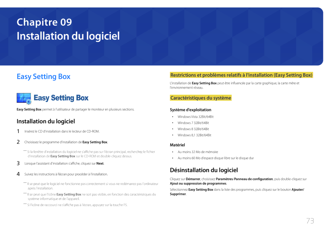 Samsung LS34E790CNS/EN manual Installation du logiciel, Easy Setting Box, Désinstallation du logiciel 