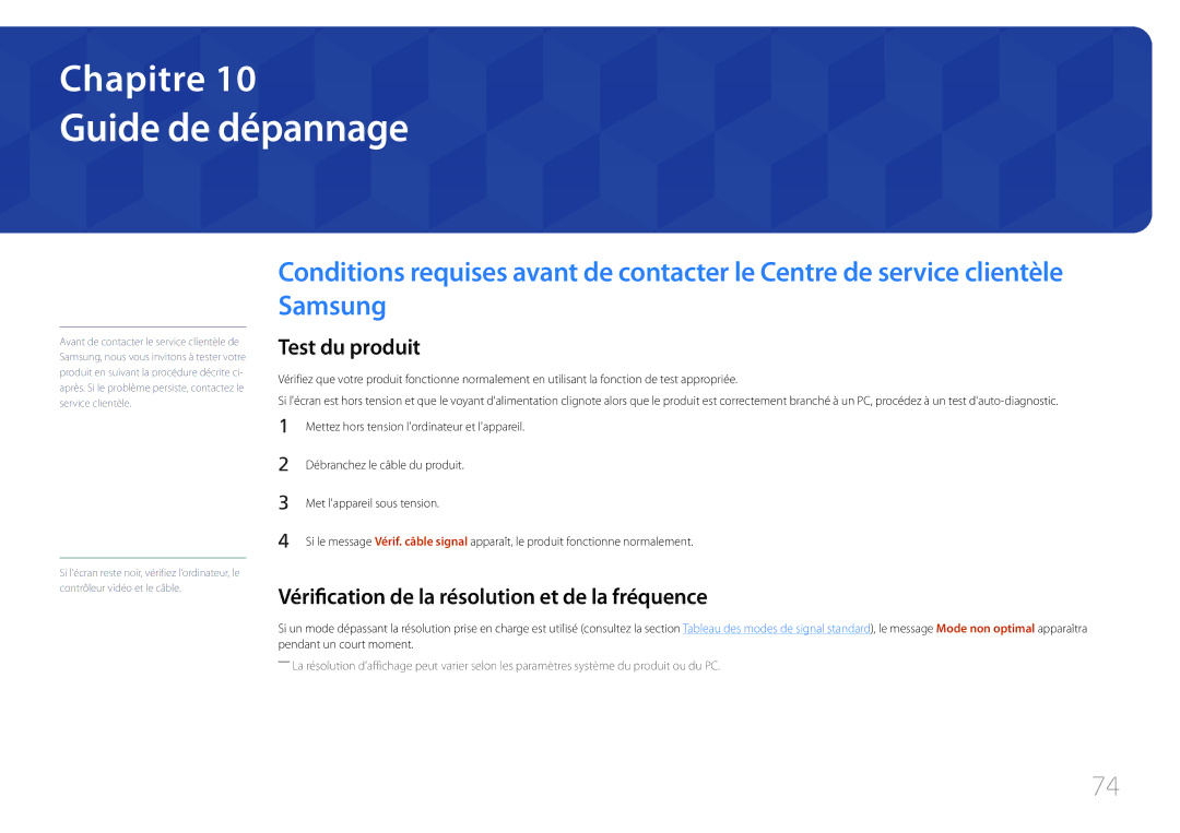 Samsung LS34E790CNS/EN manual Guide de dépannage, Test du produit, Vérification de la résolution et de la fréquence 