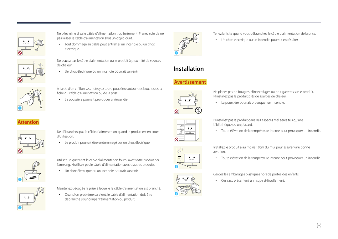 Samsung LS34E790CNS/EN manual Installation, Un choc électrique ou un incendie pourrait survenir 