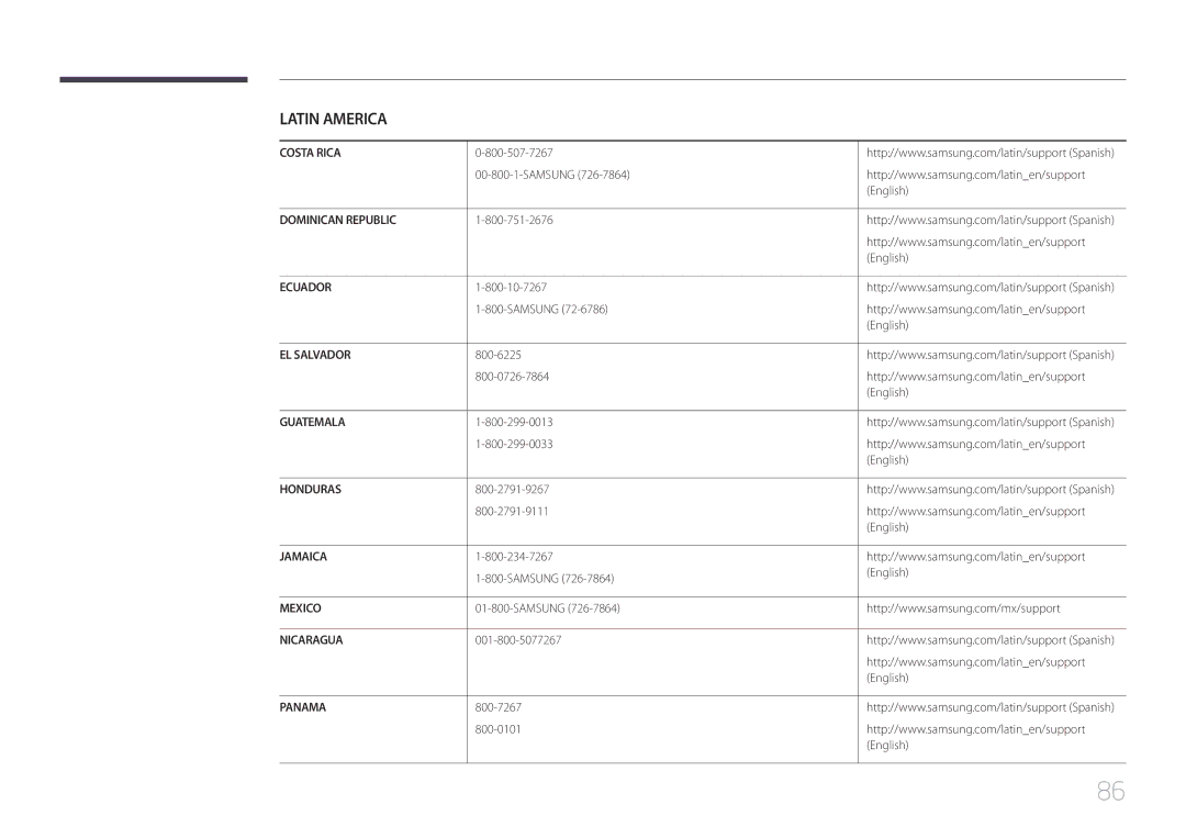 Samsung LS34E790CNS/EN manual Samsung English, 800-6225 800-0726-7864 English, 800-2791-9267 800-2791-9111 English 