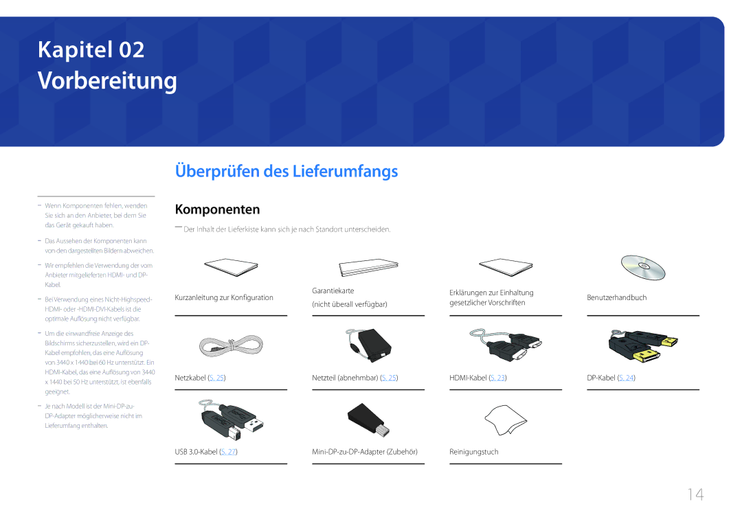 Samsung LS34E790CNS/EN manual Vorbereitung, Überprüfen des Lieferumfangs, Komponenten, Reinigungstuch 