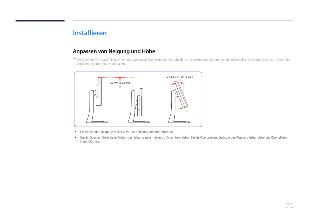 Samsung LS34E790CNS/EN manual Installieren, Anpassen von Neigung und Höhe 