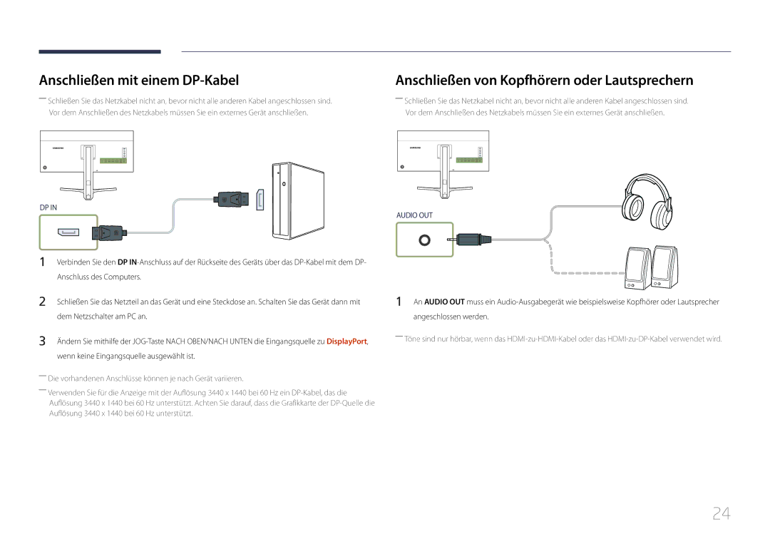 Samsung LS34E790CNS/EN manual Anschließen mit einem DP-Kabel, Anschließen von Kopfhörern oder Lautsprechern 