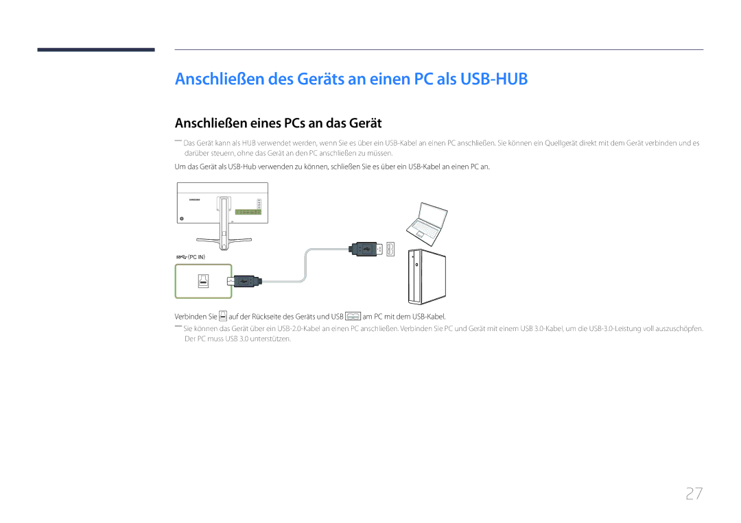 Samsung LS34E790CNS/EN manual Anschließen des Geräts an einen PC als USB-HUB, Anschließen eines PCs an das Gerät 