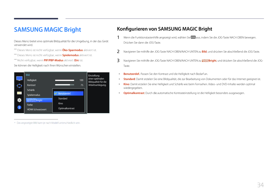 Samsung LS34E790CNS/EN manual Konfigurieren von Samsung Magic Bright 