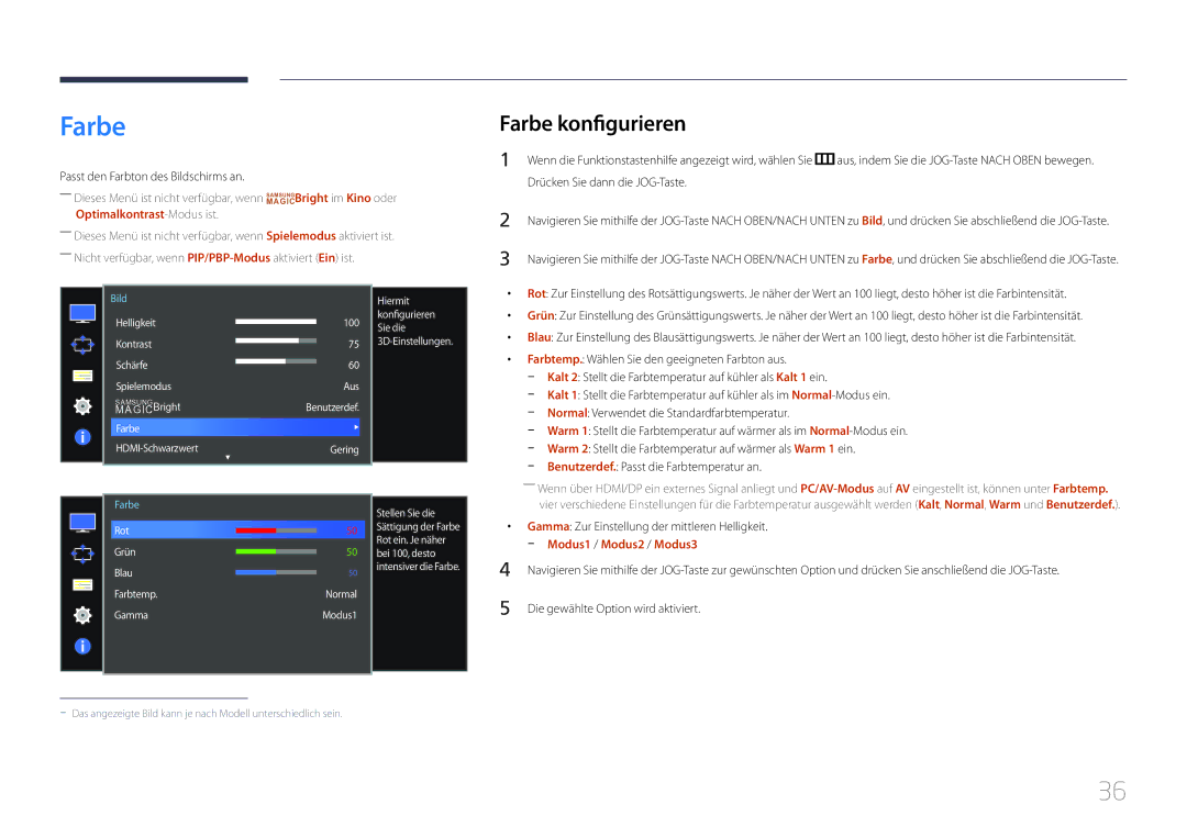 Samsung LS34E790CNS/EN manual Farbe konfigurieren, Passt den Farbton des Bildschirms an 