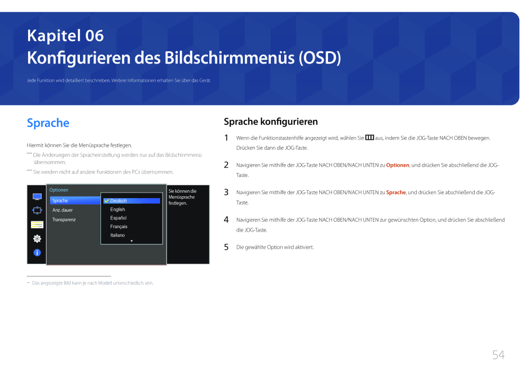 Samsung LS34E790CNS/EN manual Konfigurieren des Bildschirmmenüs OSD, Sprache konfigurieren 