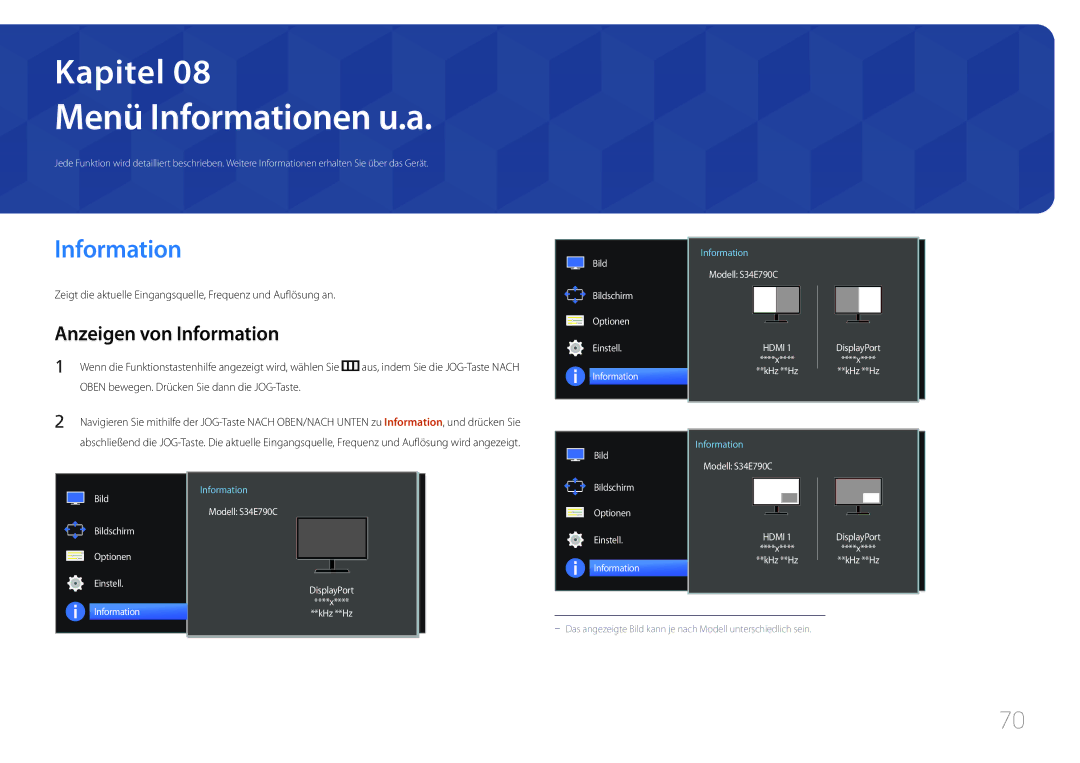 Samsung LS34E790CNS/EN Menü Informationen u.a, Anzeigen von Information, Oben bewegen. Drücken Sie dann die JOG-Taste 