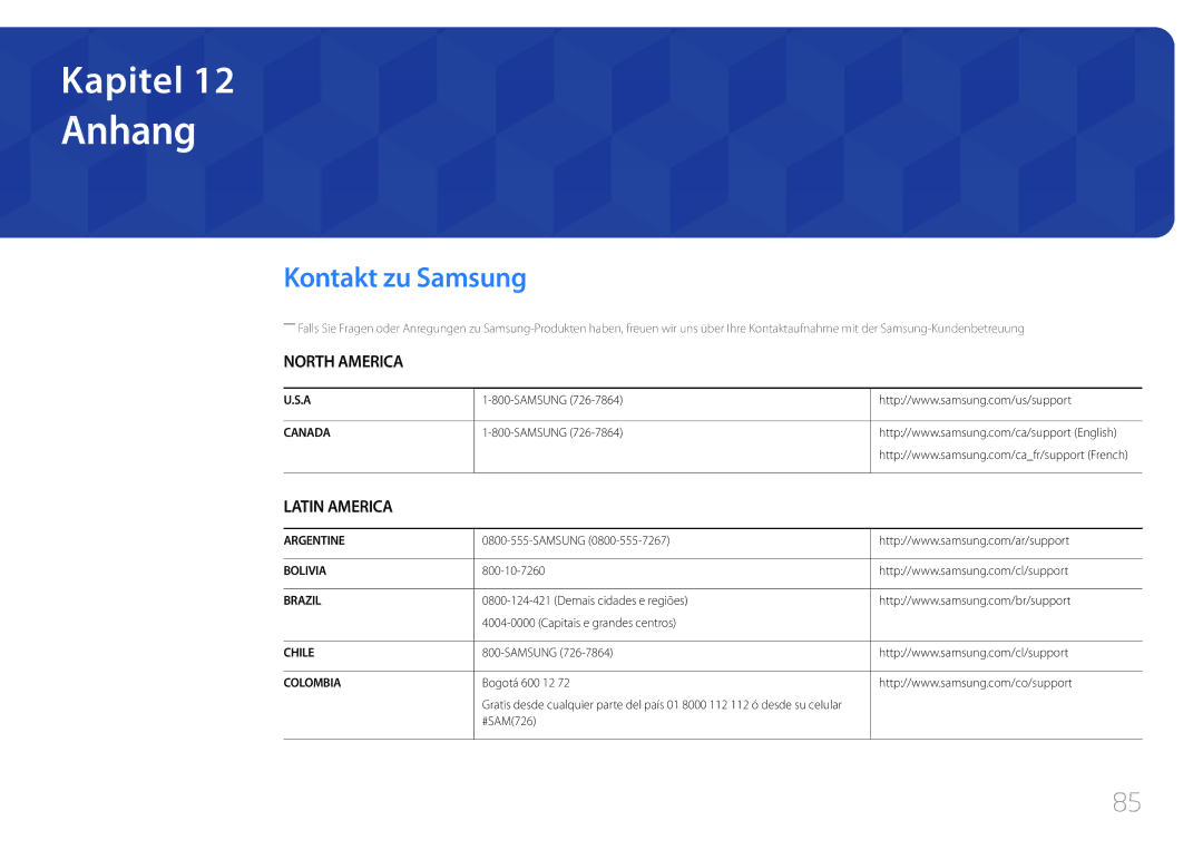 Samsung LS34E790CNS/EN manual Anhang, Kontakt zu Samsung 