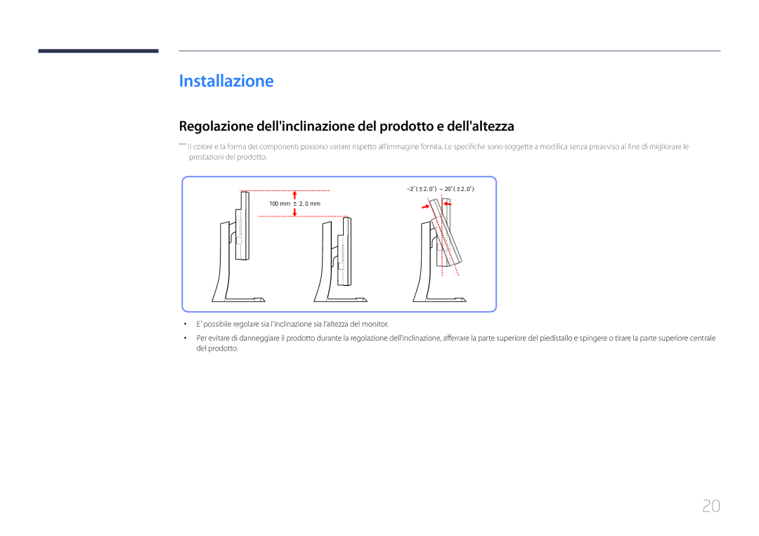 Samsung LS34E790CNS/EN manual Installazione, Regolazione dellinclinazione del prodotto e dellaltezza 