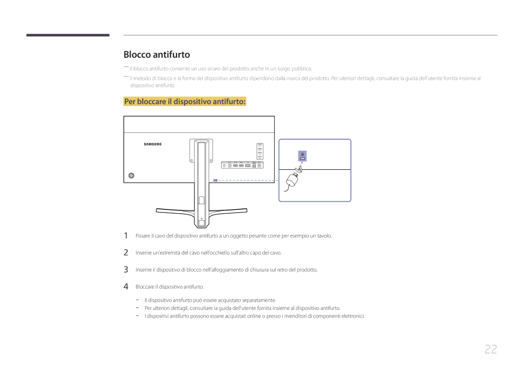 Samsung LS34E790CNS/EN manual Blocco antifurto, Per bloccare il dispositivo antifurto 