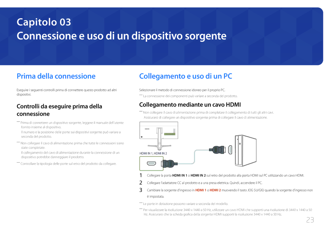 Samsung LS34E790CNS/EN Connessione e uso di un dispositivo sorgente, Prima della connessione, Collegamento e uso di un PC 